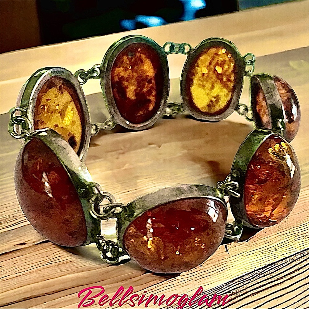 Baltic Amber Bracelet Sterling Silver Linked Form Oval Cabochon Jewels